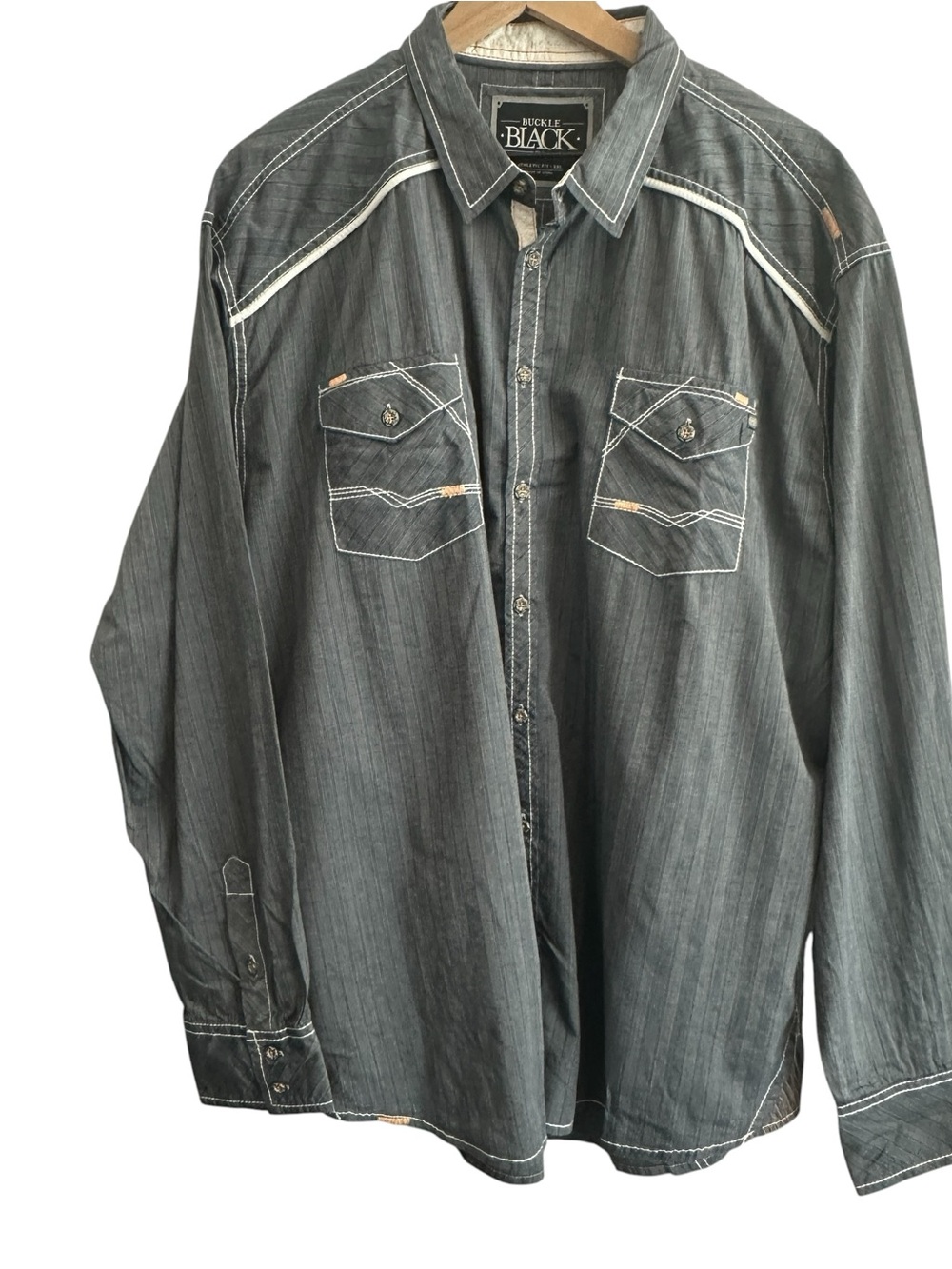 Buckle Black Men Shirt XXL Gray Contrast‎ Stitching Edgy Stretch Button Western